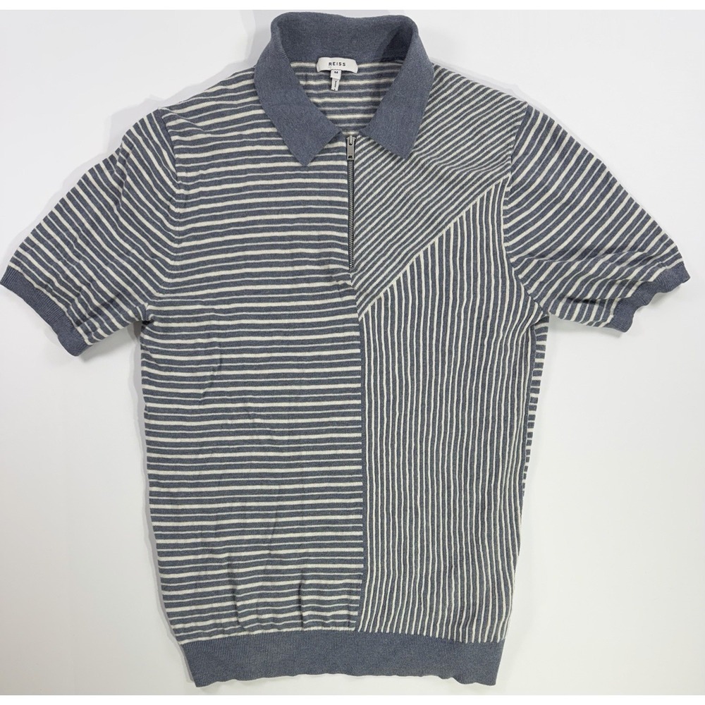 Reiss Blue Striped Knit Polo Shirt Zip Neck Mens Medium Wool Blend